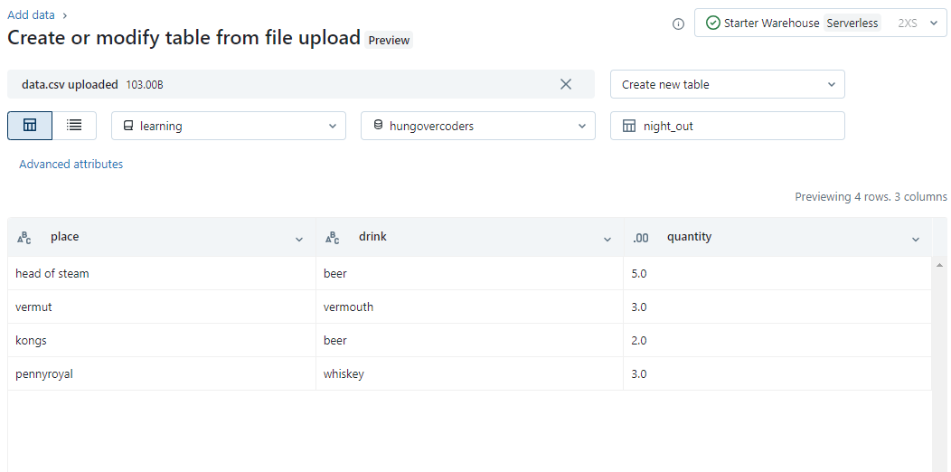 Import Data Create Table